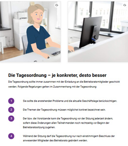 Screenshot: Zwei Bilder einer Frau am Computer, darunter Lerntext ‚Die Tagesordnung – je konkreter, desto besser‘ mit nummerierten Stichpunkten