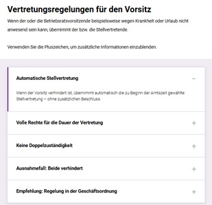 Screenshot: Aufklappbare Lerneinheit ‚Vertretungsregelungen für den Vorsitz‘ mit fünf Akkordeon-Einträgen, darunter ‚Automatische Stellvertretung‘, ‚Volle Rechte für die Dauer der Vertretung‘ und ‚Ausnahmefall: Beide verhindert‘