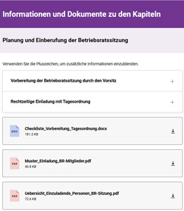 Screenshot: Bibliotheks-Ansicht ‚Informationen und Dokumente zu den Kapiteln‘ mit Liste herunterladbarer Word- und PDF-Dateien wie ‚Checkliste Vorbereitung Tagesordnung‘ und ‚Muster Einladung BR-Mitglieder‘