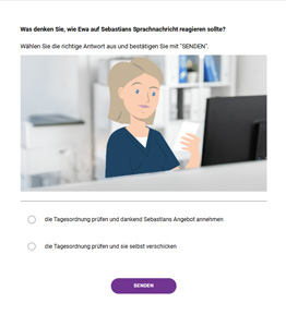 Screenshot: Frage ‚Was denken Sie, wie Ewa auf Sebastians Sprachnachricht reagieren sollte?‘, darunter Illustration einer Frau am Bildschirm und zwei Antwort-Optionen mit Senden-Button