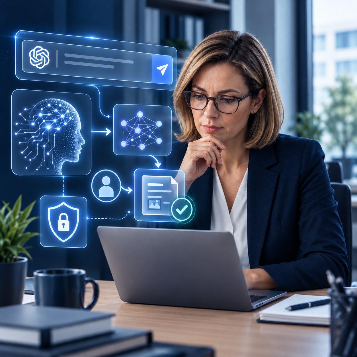 Illustration: Eine Datenschutzbeauftragte nutzt KI-Tools professionell im Arbeitsalltag