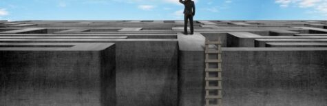 Mann neben einer Leiter auf einem Layrinth, über das er hinwegblickt