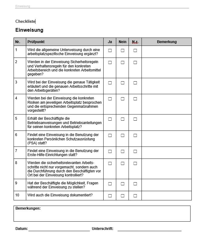 Checkliste Einweisung