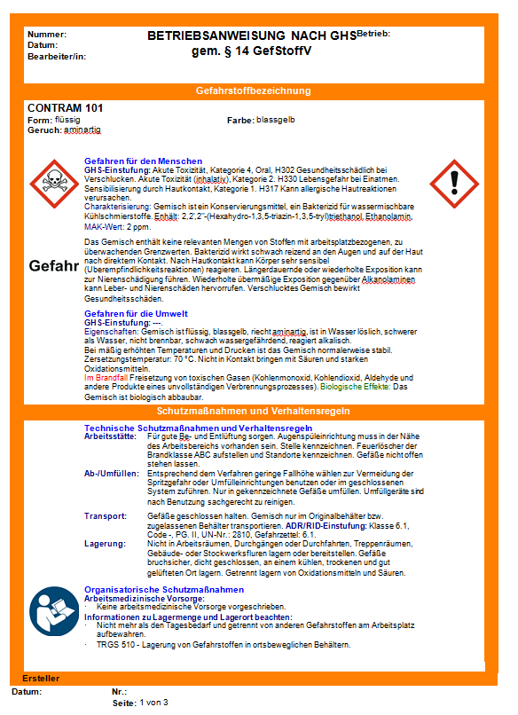 Muster-Betriebsanweisung für Gefahrstoffe