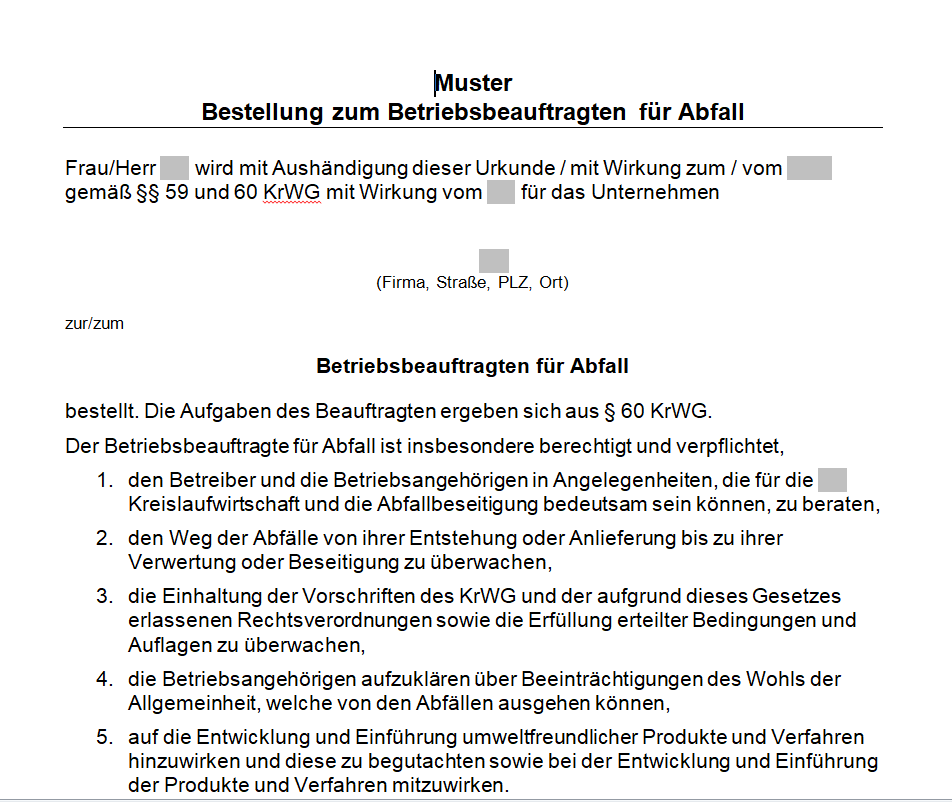 Bestellung Abfallbeauftragter - Muster