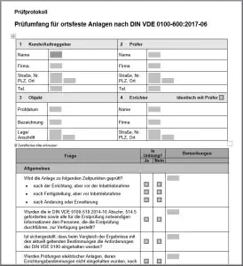 Prüfprotokoll für Elektroprüfungen nach DIN VDE 0100-600