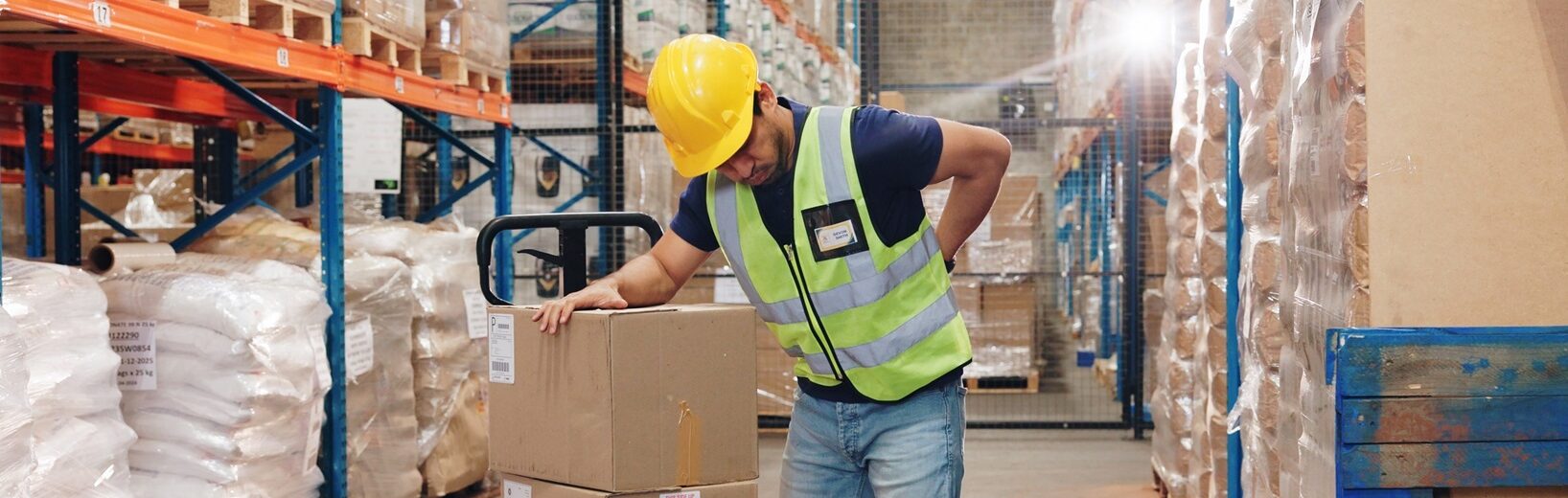 Gefährdungen durch Zwangshaltung und falsche Körperhaltung Ein Mann steht in einer Lagerhalle neben einem Boxenstapel und hat Rückenschmerzen.