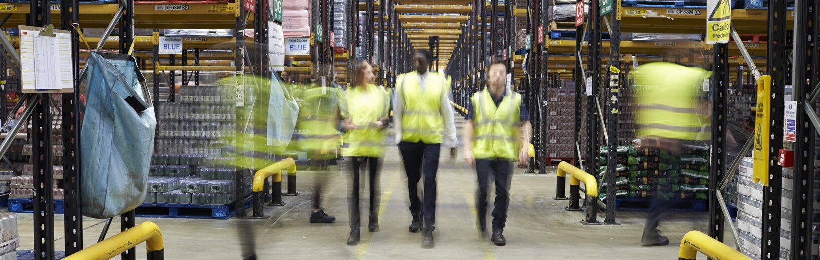 Innerbetrieblicher Transport und Verkehr Arbeitende Menschen, die durch eine Lagerhalle laufen