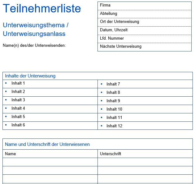 Teilnehmerliste für eine betriebliche Unterweisung.