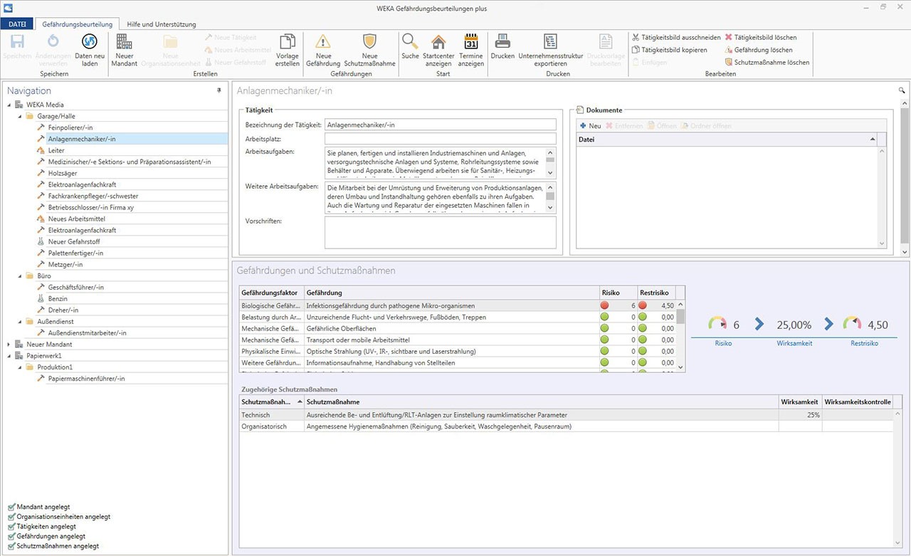 Oberfläche mit Funktionen rund um die Gefährdungsbeurteilung im Programm von WEKA.