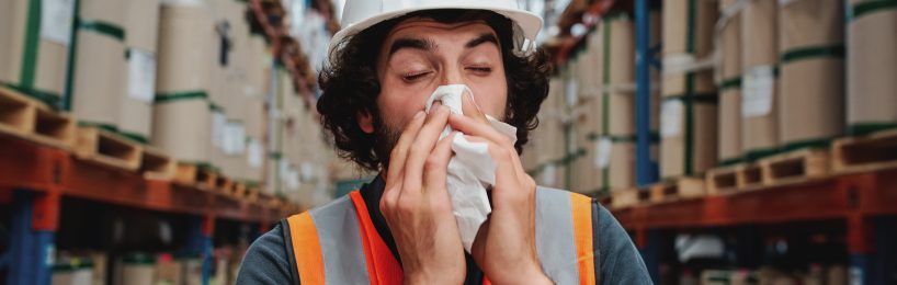 Präsentismus: Die Ursachen – und wie Sie ihn verhindern Mann schneuzt sich in die Nase, er ist krank bei der Arbeit: Präsentismus