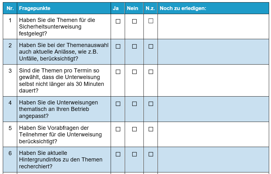 Checkliste Unterweisung vorbereiten Einblicke
