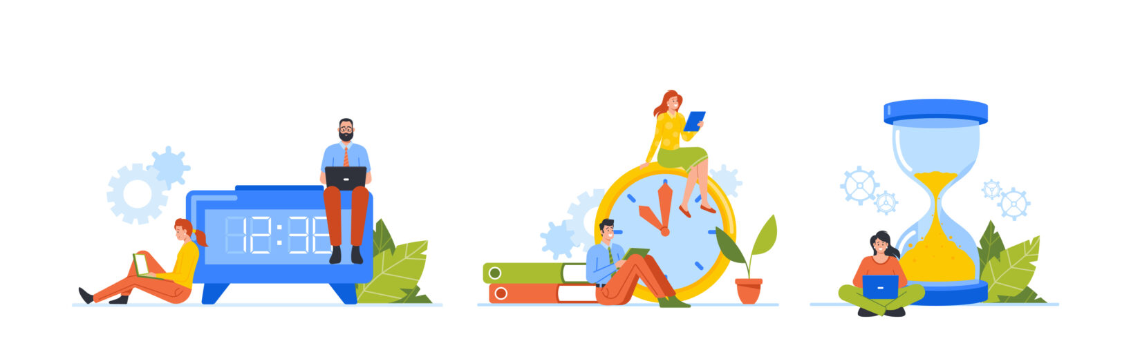 BAG stellt klar: Arbeitszeiterfassung ist Arbeitsschutz! Arbeitende Menschen mit verschiedenen Uhren