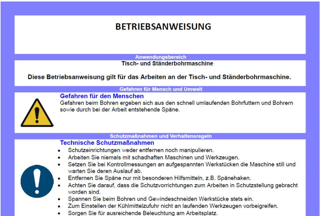 Muster-Betriebsanweisung Standbohrmaschine Blick hinein