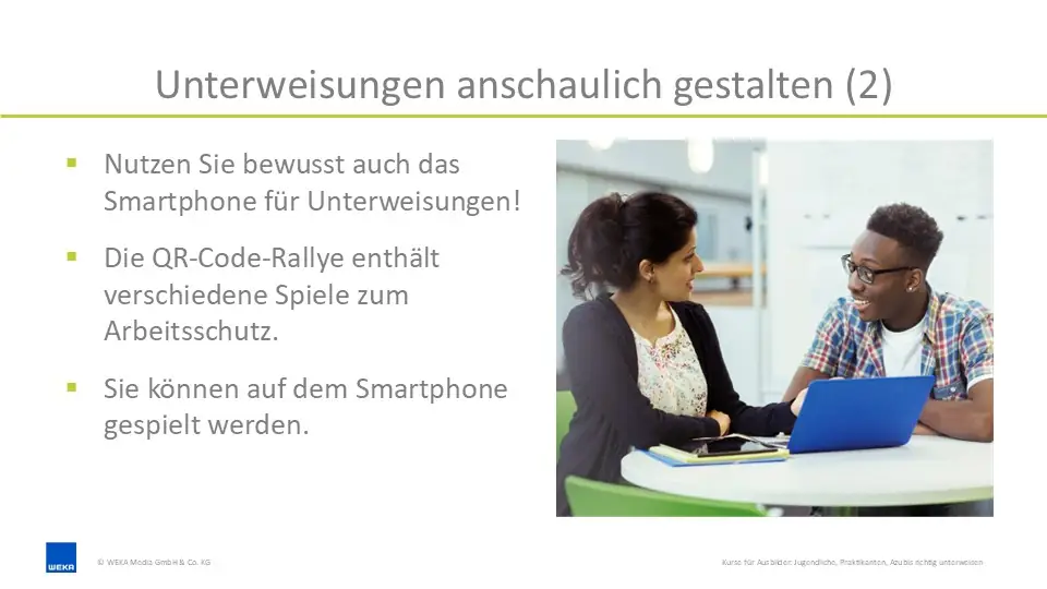 Diese Präsentationsfolie zeigt Tipps, wie Sie Unterweisungen für Jugendliche anschaulich gestalten können.