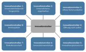 Um im Unternehmen eine Innovationskultur entstehen zu lassen, gibt es sogenannte Innovationstreiber, die in der Abbildung genannt werden.