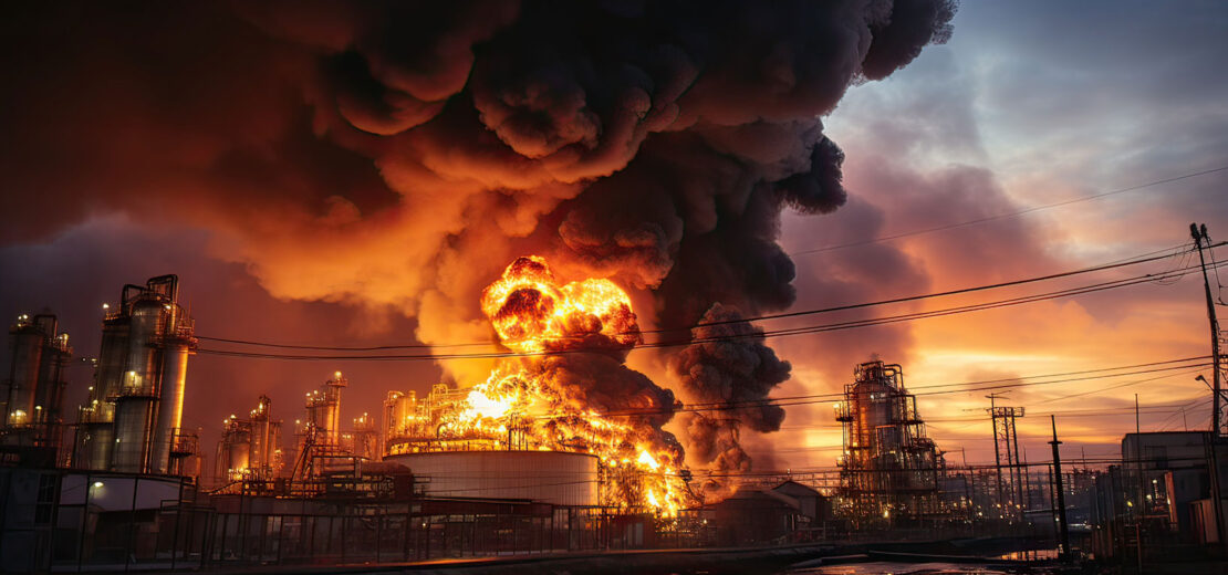 In der Dämmerung: Dunkler Rauch über einer Industrieanlage, helle Flammen deuten auf Explosion hin. Symbolbild für die TRGS 724 konstruktiver Explosionsschutz.