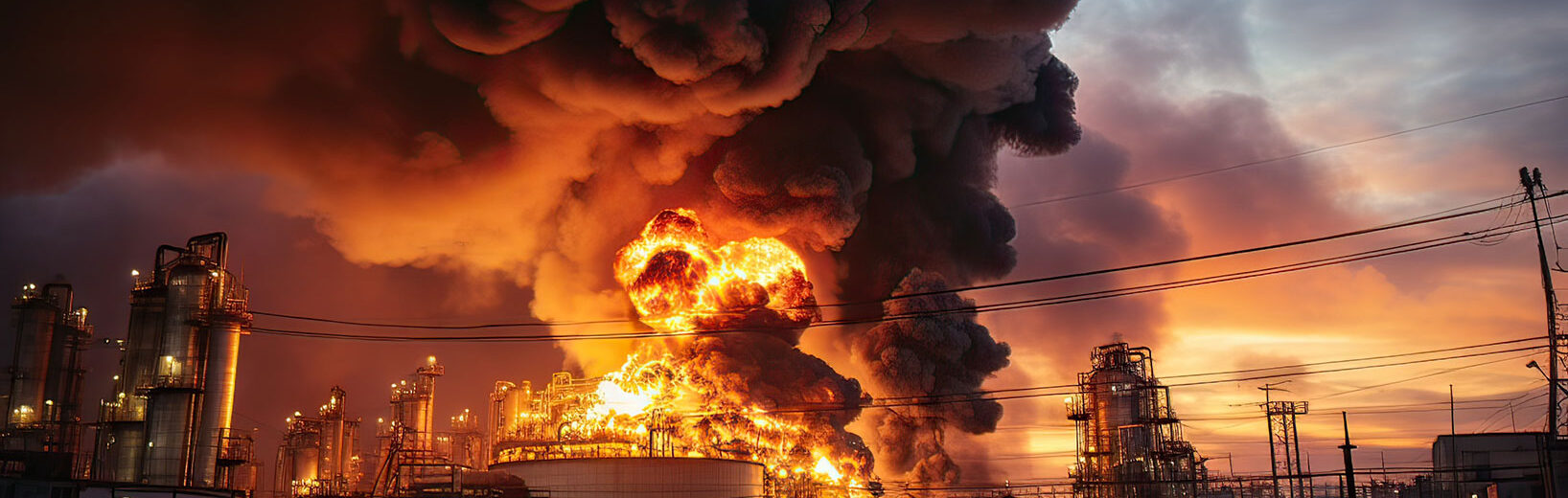 In der Dämmerung: Dunkler Rauch über einer Industrieanlage, helle Flammen deuten auf Explosion hin. Symbolbild für die TRGS 724 konstruktiver Explosionsschutz.