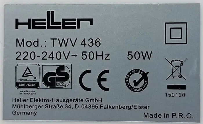 Das Bild zeigt den Aufkleber der auf einem elektrischen Gerät angebracht ist, zu sehen sind verschiedene Prüfzeichen und das CE-Kennzeichen.