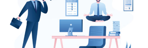 Mann schwebt im Yoga-Sitz über Schreibtisch neben forderndem Chef