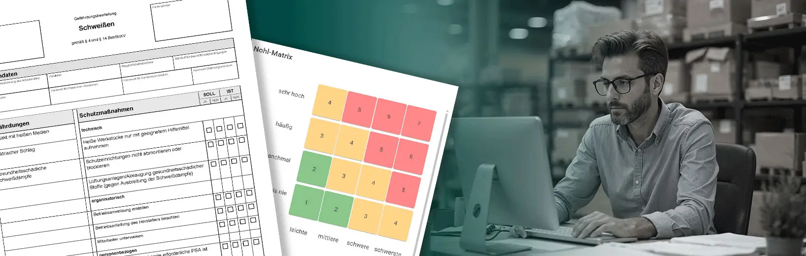 Beispiel einer Gefaehrdungsbeurteilung im Anschnitt, im Hintergrund arbeitet ein Mann an einem Computer.