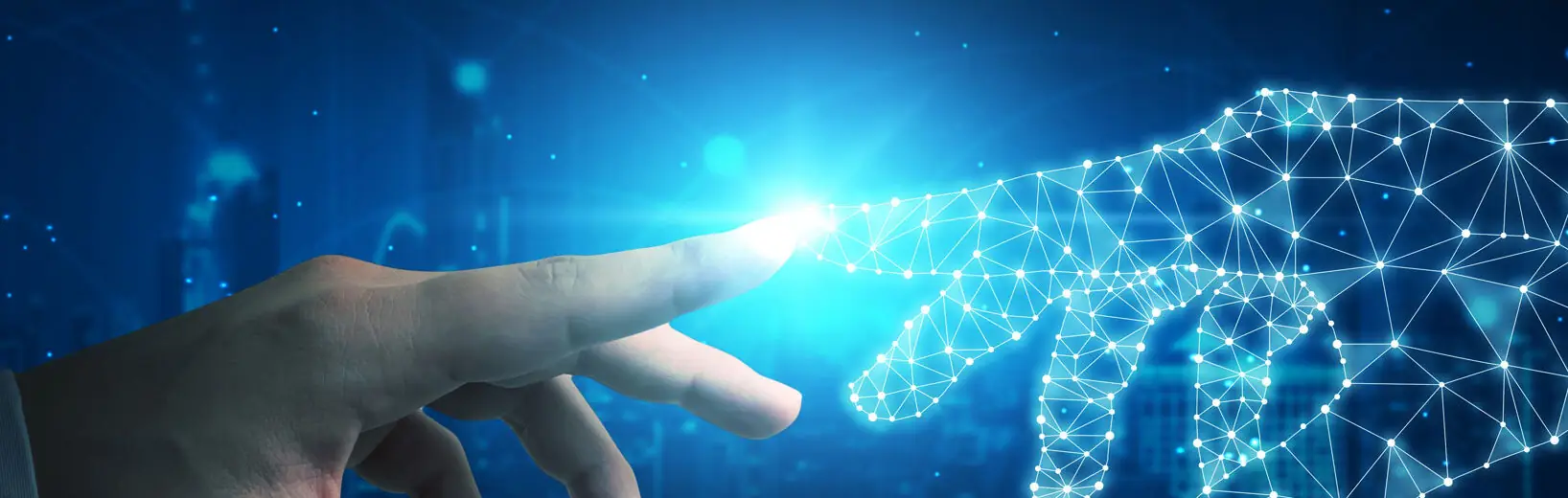 Wie wird KI im Arbeitsschutz eingesetzt? Eine menschliche Hand und eine aus neuronalen blauen Strukturen bestehende Hand berühren sich; symbolbild für KI im Arbeitsschutz
