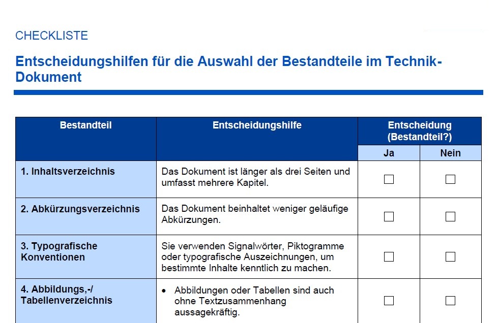 Checkliste für die Auswahl der Bestandteile im Technik-Dokument