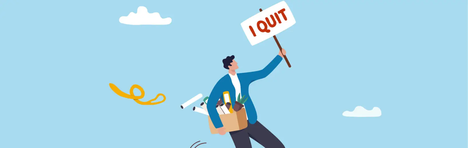 Studie: Darum kündigen Arbeitnehmer Arbeitnehmer hat seine Sachen in der Firma gepackt und hält ein Schild "I quit" hoch