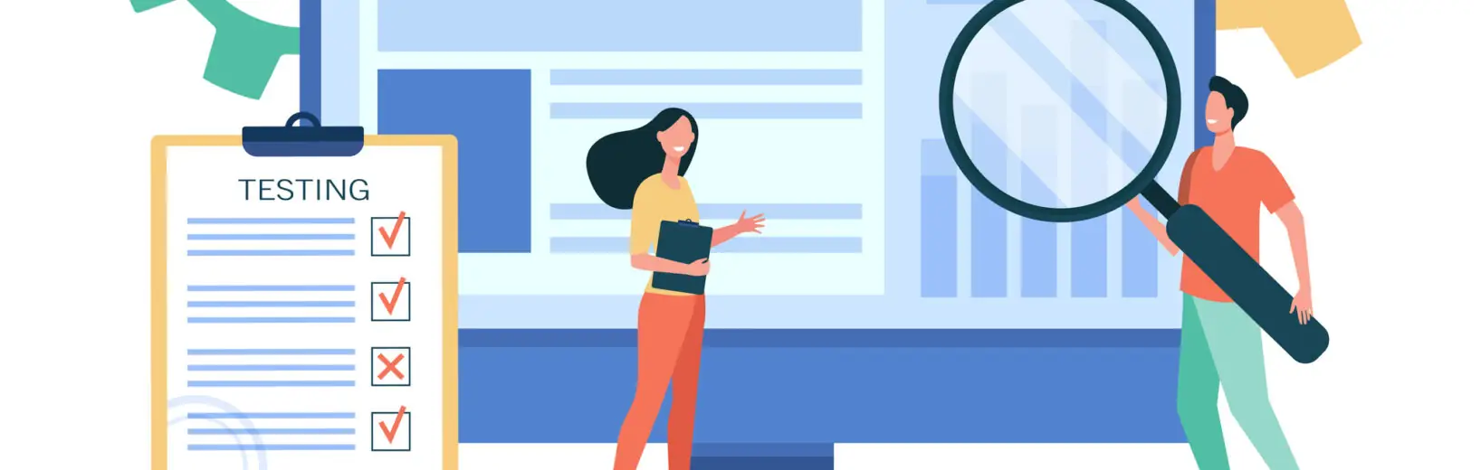 Illustration mit 3 Personen – Mann mit Lupe steht vor Bildschirm