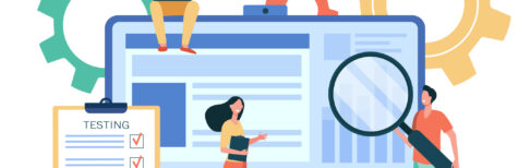 Illustration mit 3 Personen – Mann mit Lupe steht vor Bildschirm