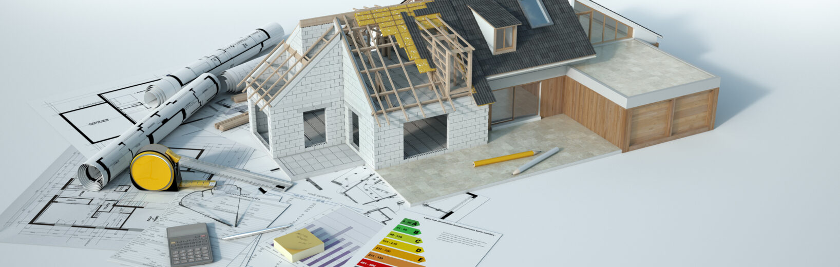 Neue DIN 18599 seit Oktober 2025 Ein teilweise gebautes Hausmodell befindet sich über Bauplänen, Energieeffizienz-Tabellen mit Bezug auf Relevanz GEG, einem Taschenrechner und Messwerkzeugen, die die Planungs- und Bauphasen des Wohnungsbaus sowie die Berechnung nach DIN 18599 veranschaulichen