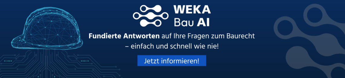 Digitales blaues Wireframe eines Bauhelms auf dunklem Hintergrund, mit Text, der für BAU AI von WEKA wirbt - schnelle und zuverlässige Antworten auf Baurechtsfragen mit KI. Ein Call-to-Action-Button sagt Jetzt informieren!.