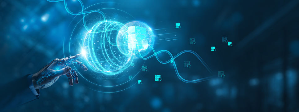 KI-Hand tippt Datenkugel an