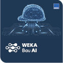 Digitale Illustration eines Bauhelms aus miteinander verbundenen Knoten und Linien, die KI für Baurecht symbolisieren, mit dem Text WEKA Bau AI und einem Netzwerksymbol auf dunkelblauem Hintergrund.