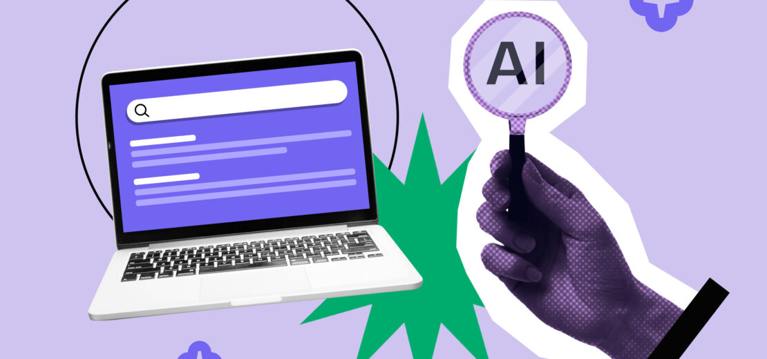 Illustration mit Notebook und einer Hand, die ein AI-Schild hochhält