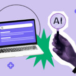 Illustration mit Notebook und einer Hand, die ein AI-Schild hochhält