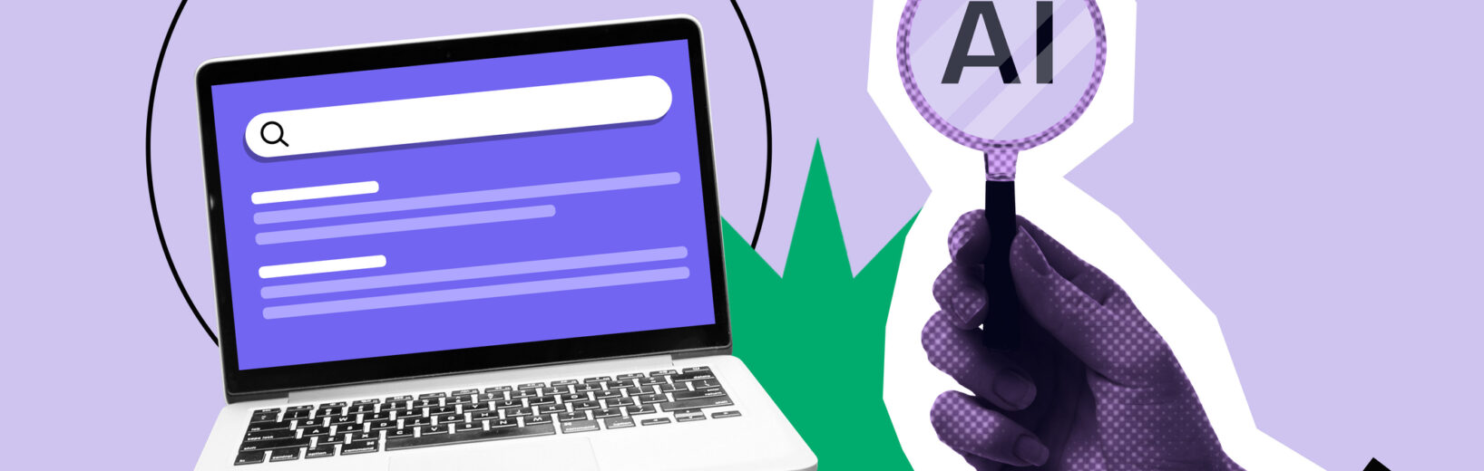 Wie Sie bei KI mitbestimmen können – Teil 1 Illustration mit Notebook und einer Hand, die ein AI-Schild hochhält