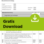 Der Abschnitt einer Checkliste mit dem Titel "Baustelleneinrichtung" wird teilweise von einem grünen Banner mit einem weißen Download-Symbol und dem fettgedruckten Text "Gratis Download" verdeckt.