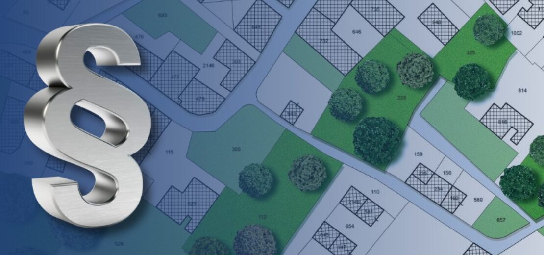 Grafik eines fiktiven Stadtplans mit einem Paragraphenzeichen auf der linken Seite.