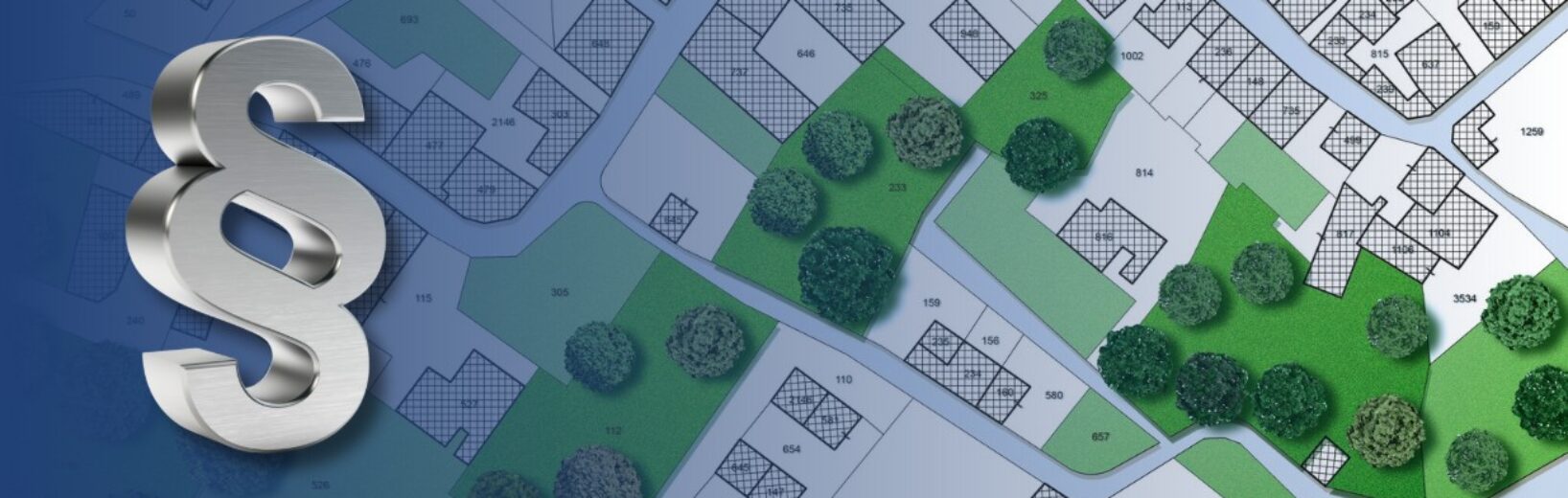 Grafik eines fiktiven Stadtplans mit einem Paragraphenzeichen auf der linken Seite.