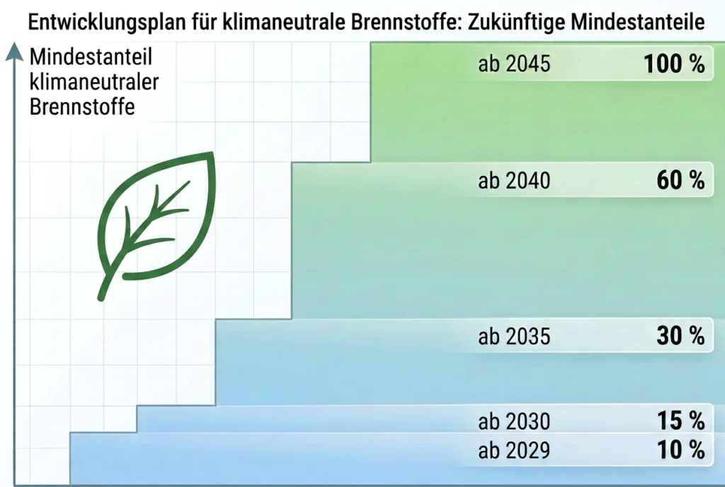 Infografik zum Entwicklungsplan für klimaneutrale Brennstoffe mit stufenweise steigenden Mindestanteilen: 10 % ab 2029, 15 % ab 2030, 30 % ab 2035, 60 % ab 2040 und 100 % ab 2045. Eine grüne Blattsilhouette symbolisiert die klimafreundliche Entwicklung.