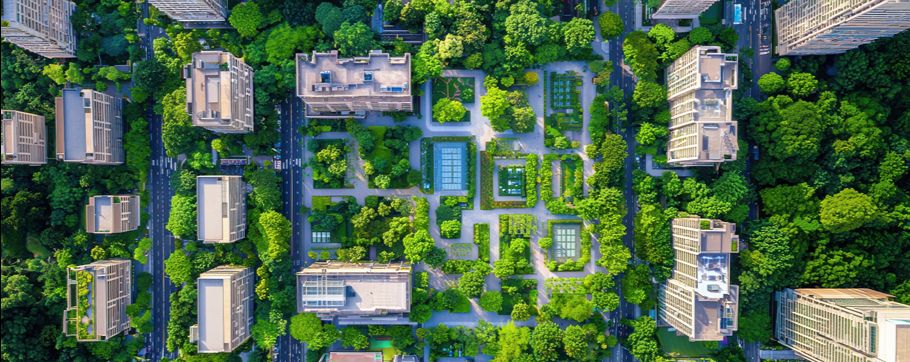 Ein Wohnquartier mit vielen Grünflächen in der Draufsicht.